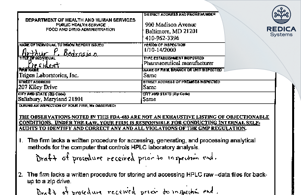 FDA 483 - Trigen Laboratories, Inc. [Salisbury / -] - Download PDF - Redica Systems