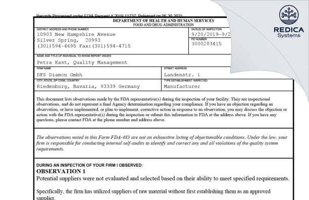 FDA 483 - DFS Diamon Gmbh [Riedenburg / Germany] - Download PDF - Redica Systems