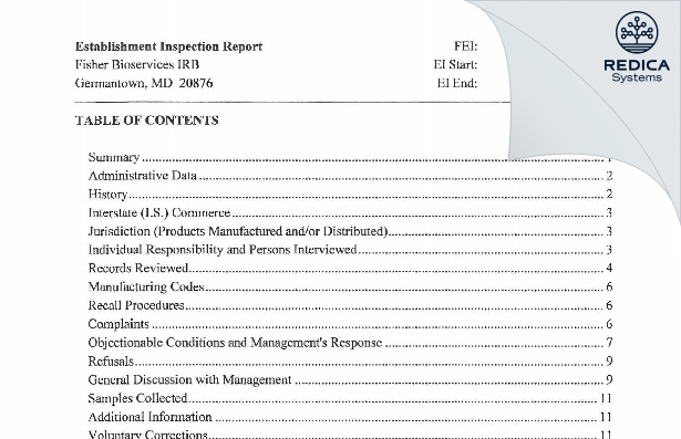 EIR - Fisher Bioservices IRB [Germantown / United States of America] - Download PDF - Redica Systems