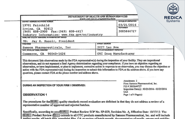 FDA 483 - Samson Pharmaceuticals, Inc. [California / United States of America] - Download PDF - Redica Systems