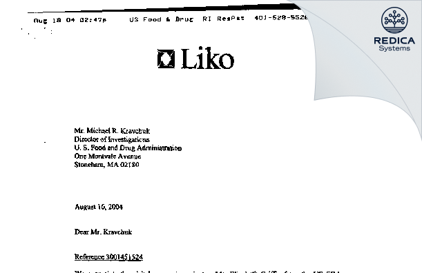 FDA 483 Response - Liko North America, Subsidiary Of Hill-rom, Inc. [Franklin / United States of America] - Download PDF - Redica Systems