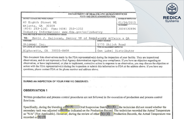 FDA 483 - Shionogi Inc. [Alpharetta / United States of America] - Download PDF - Redica Systems