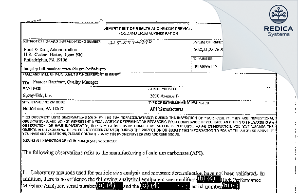 FDA 483 - SPRAY-TEK, INC. [Bethlehem / United States of America] - Download PDF - Redica Systems
