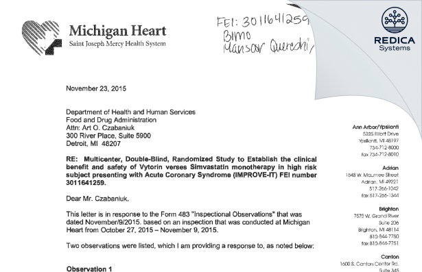 FDA 483 Response - Mansoor Qureshi [Ann Arbor / United States of America] - Download PDF - Redica Systems