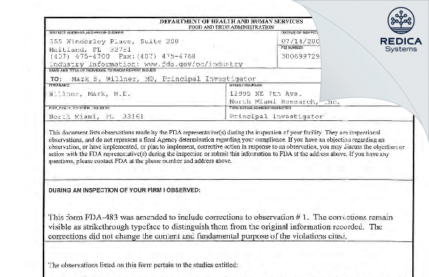 FDA 483 - Willner, Mark, M.D. [North Miami / United States of America] - Download PDF - Redica Systems