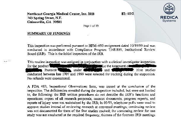EIR - Northeast Georgia Medical Center, Inc. IRB [Gainesville / United States of America] - Download PDF - Redica Systems