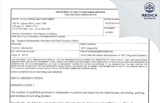 FDA 483 - Hydrox Laboratories [Elgin / United States of America] - Download PDF - Redica Systems