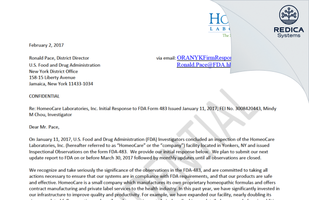 FDA 483 Response - HomeoCare Laboratories Inc. [York / United States of America] - Download PDF - Redica Systems