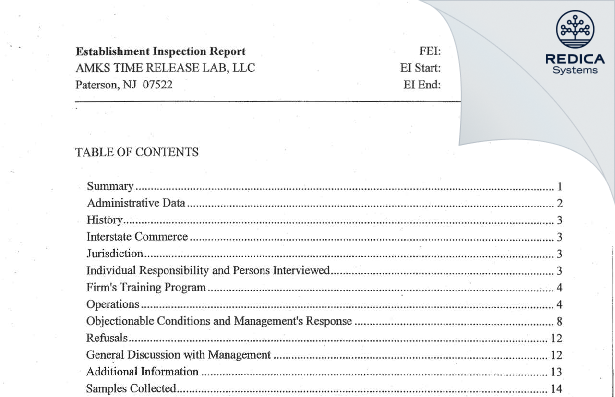 EIR - AMKS TIME RELEASE LAB, LLC [Paterson / United States of America] - Download PDF - Redica Systems