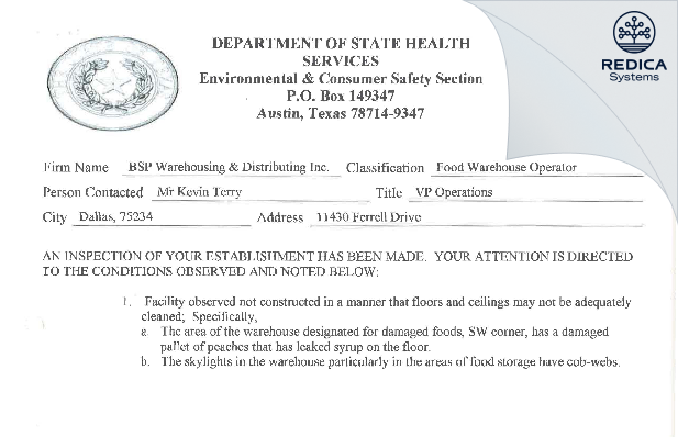 FDA 483 - BSP Warehousing & Distribution, Inc [Dallas / United States of America] - Download PDF - Redica Systems