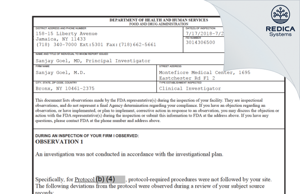 FDA 483 - Sanjay Goel, M.D. [Bronx / United States of America] - Download PDF - Redica Systems