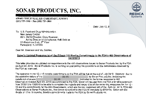 FDA 483 Response - Sonar Products, Inc. [Carlstadt / United States of America] - Download PDF - Redica Systems