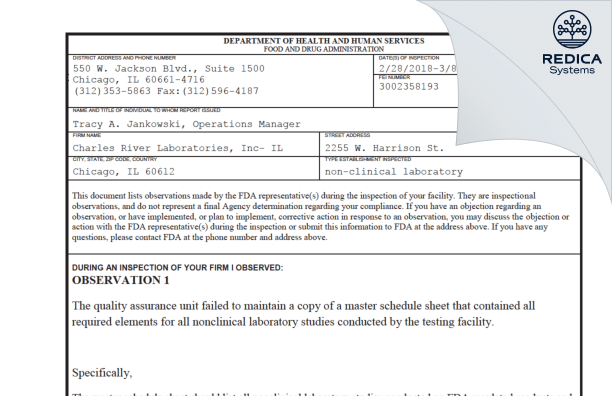 FDA 483 - Charles River Laboratories, Inc- IL [Chicago / United States of America] - Download PDF - Redica Systems