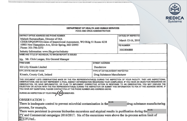 FDA 483 - Eli Lilly Kinsale Limited [Kinsale / Ireland] - Download PDF - Redica Systems