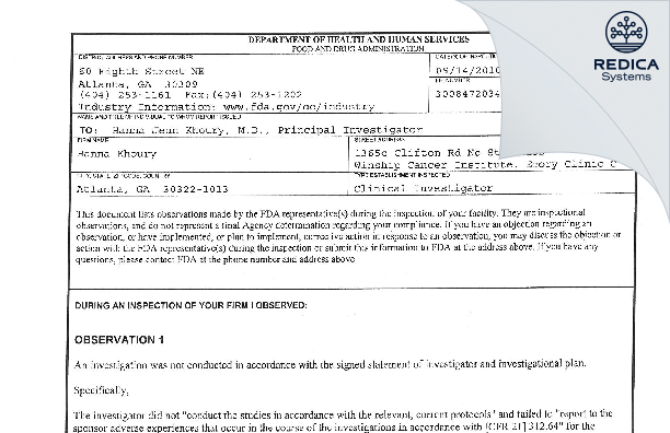 FDA 483 - Hanna Khoury [Atlanta / United States of America] - Download PDF - Redica Systems