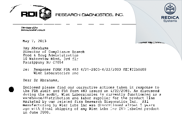 FDA 483 Response - Wien Laboratories, Inc. [Flanders / United States of America] - Download PDF - Redica Systems
