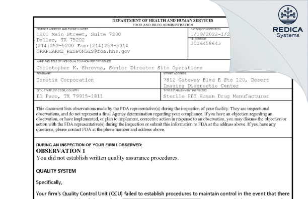 FDA 483 - Ionetix Corporation [El Paso / United States of America] - Download PDF - Redica Systems