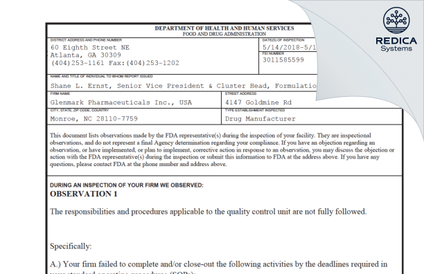 FDA 483 - Glenmark Pharmaceuticals Inc., USA [Monroe North Carolina / United States of America] - Download PDF - Redica Systems