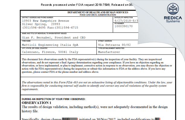 FDA 483 - Mattioli Engineering Italia SpA [Calenzano / Italy] - Download PDF - Redica Systems