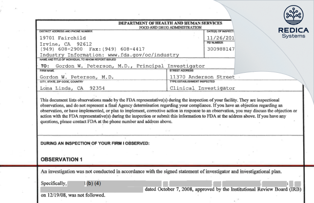 FDA 483 - Gordon W. Peterson, M.D. [Loma Linda / United States of America] - Download PDF - Redica Systems