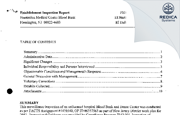 EIR - Hunterdon Medical Center Blood Bank [Flemington / United States of America] - Download PDF - Redica Systems