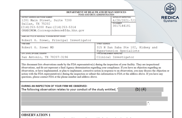 FDA 483 - Robert G. Szewc MD [San Antonio / United States of America] - Download PDF - Redica Systems