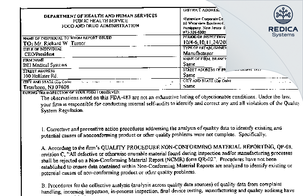 FDA 483 - Boston Scientific Corp. [Teterboro / United States of America] - Download PDF - Redica Systems