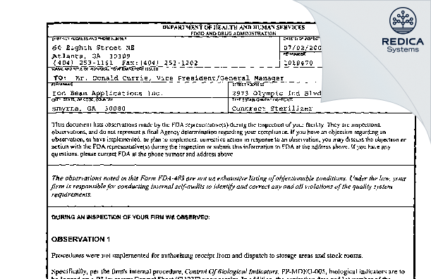 FDA 483 - Sterigenics US LLC [Atlanta / United States of America] - Download PDF - Redica Systems
