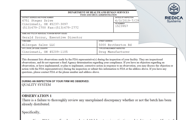 FDA 483 - Allergan Sales, LLC [Cincinnati Ohio / United States of America] - Download PDF - Redica Systems