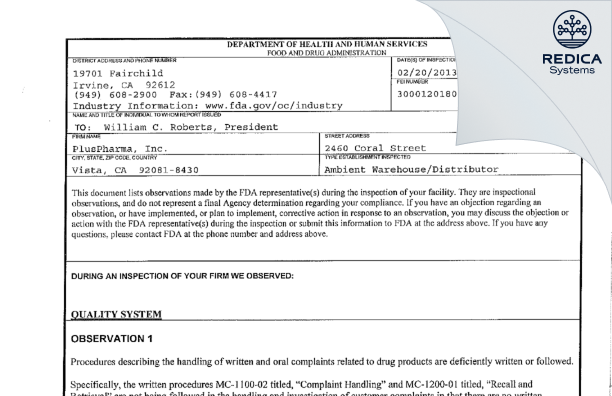 FDA 483 - PlusPharma, Inc. [Vista / United States of America] - Download PDF - Redica Systems