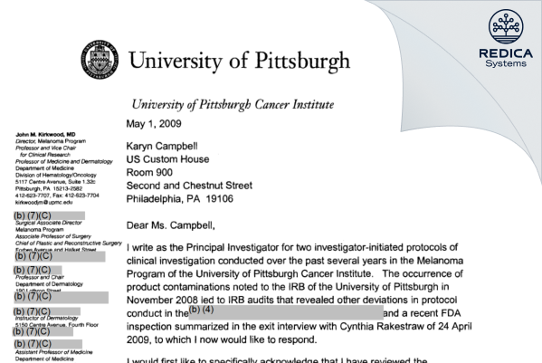 FDA 483 Response - John M. Kirkwood, MD [Pittsburgh / United States of America] - Download PDF - Redica Systems
