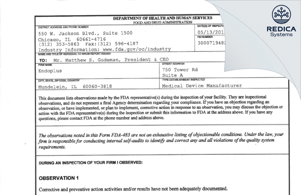 FDA 483 - Endoplus [Mundelein / United States of America] - Download PDF - Redica Systems