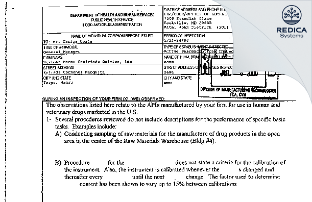FDA 483 - Hovione Macau Sociedade Quimica, Lda [Taipa / Macao] - Download PDF - Redica Systems