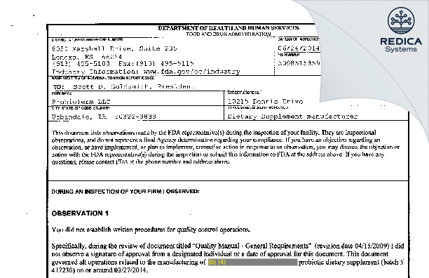 FDA 483 - Probioferm, LLC [Urbandale / United States of America] - Download PDF - Redica Systems