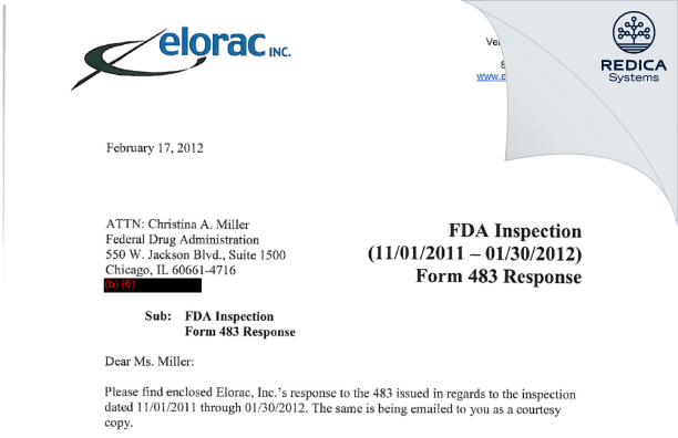 FDA 483 Response - Elorac Inc. [Vernon Hills / United States of America] - Download PDF - Redica Systems