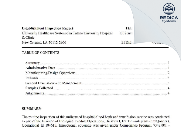 EIR - University Healthcare System LC [New Orleans / United States of America] - Download PDF - Redica Systems