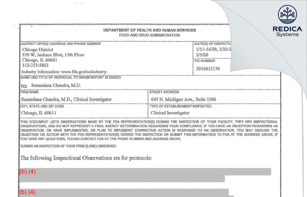 FDA 483 - Sunandana Chandra MD, Clinical Investigaor [Chicago / United States of America] - Download PDF - Redica Systems