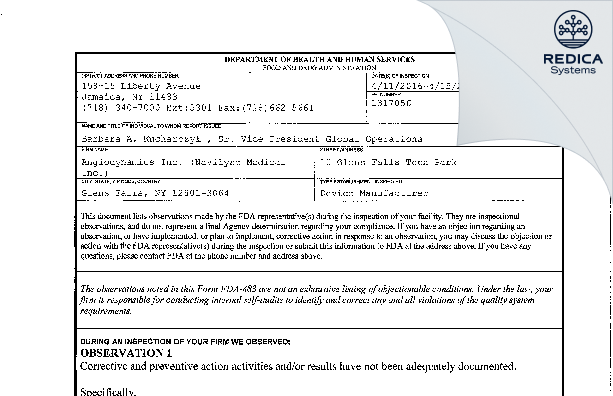 FDA 483 - Angiodynamics Inc. (Navilyst Medical Inc.) [Glens Falls / United States of America] - Download PDF - Redica Systems