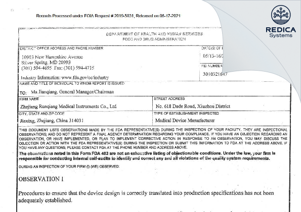 FDA 483 - Zhejiang Runqiang Medical Instruments Co., Ltd. [Jiaxing / China] - Download PDF - Redica Systems