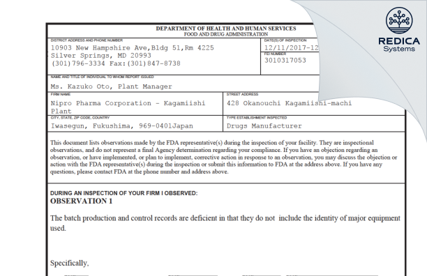 FDA 483 - Nipro Pharma Corporation [Fukushima / Japan] - Download PDF - Redica Systems
