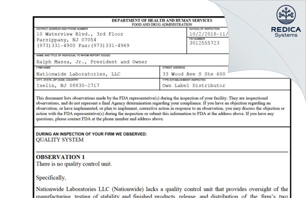 FDA 483 - Nationwide Laboratories, LLC [Iselin / United States of America] - Download PDF - Redica Systems