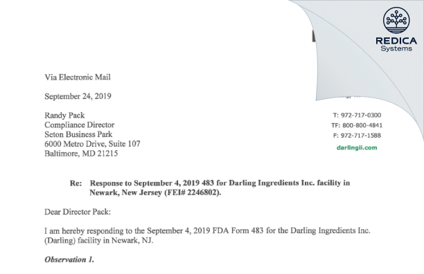 FDA 483 Response - Darling Ingredients, Inc. [Newark / United States of America] - Download PDF - Redica Systems