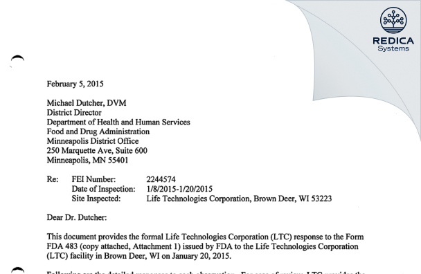 FDA 483 Response - Life Technologies Corporation [Brown Deer / United States of America] - Download PDF - Redica Systems