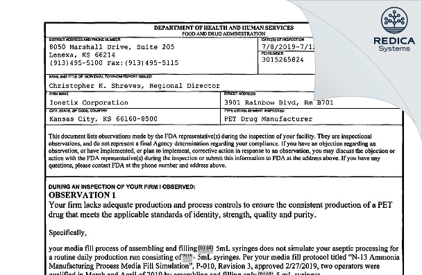 FDA 483 - Ionetix Corporation [Kansas City / United States of America] - Download PDF - Redica Systems