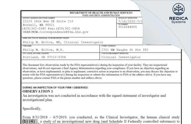FDA 483 - Philip M. Bolton, M.D. [Portland / United States of America] - Download PDF - Redica Systems