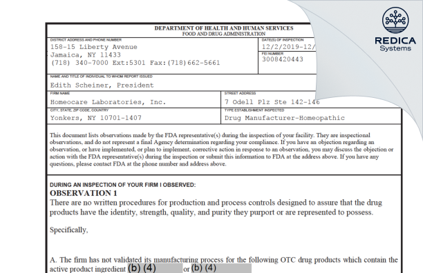 FDA 483 - HomeoCare Laboratories Inc. [York / United States of America] - Download PDF - Redica Systems