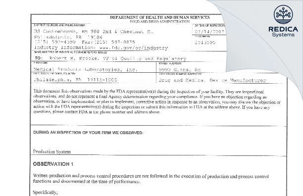 FDA 483 - Medical Products Laboratories, Inc. [Philadelphia / United States of America] - Download PDF - Redica Systems