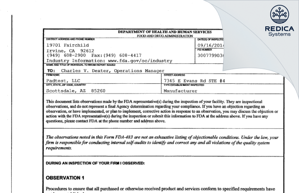 FDA 483 - Padtest, LLC [Scottsdale / United States of America] - Download PDF - Redica Systems