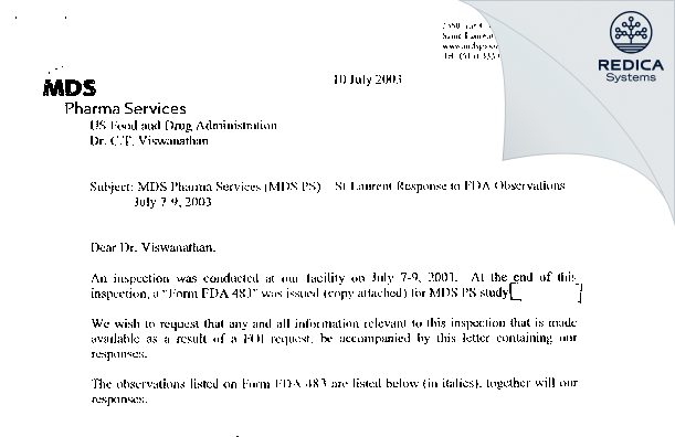 FDA 483 Response - MDS Pharma Services [Montreal / Canada] - Download PDF - Redica Systems