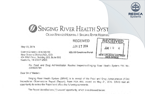 FDA 483 Response - Singing River Health System IRB [Pascagoula / United States of America] - Download PDF - Redica Systems
